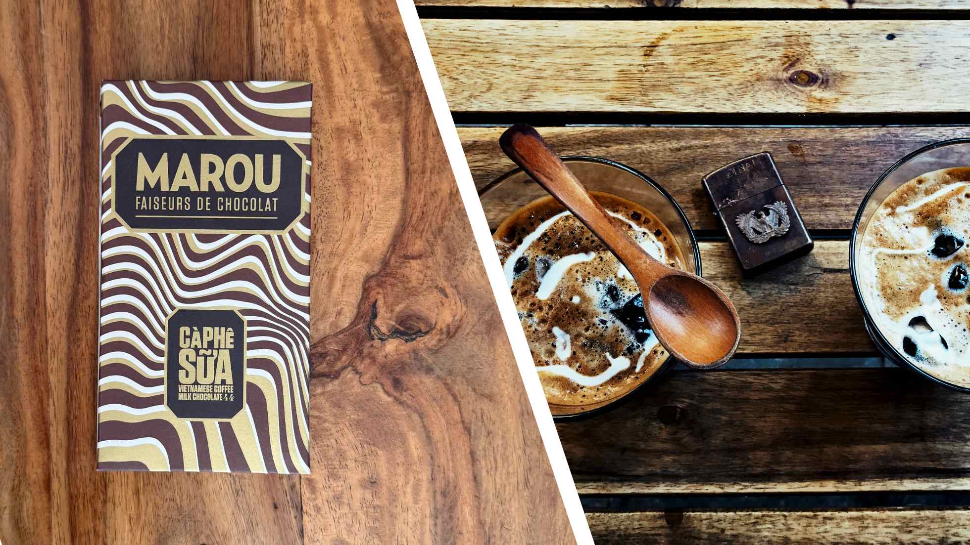 Coffee chocolate by Marou and glasses of coffee
