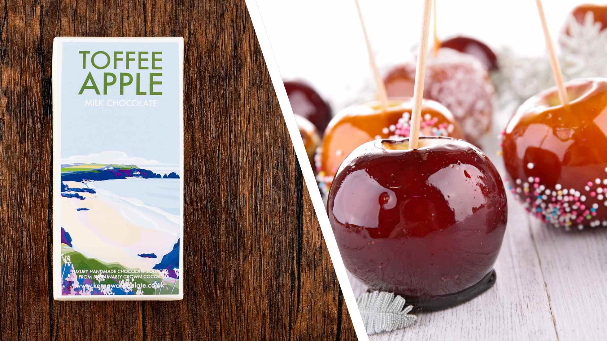 Toffee Apple Chocolate bar from Kernow alongside Candy Apples