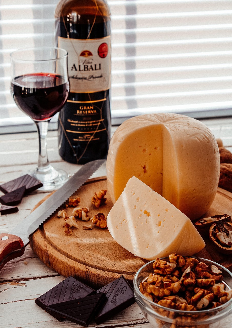 Cheeseboard, nuts, wine and chocolate