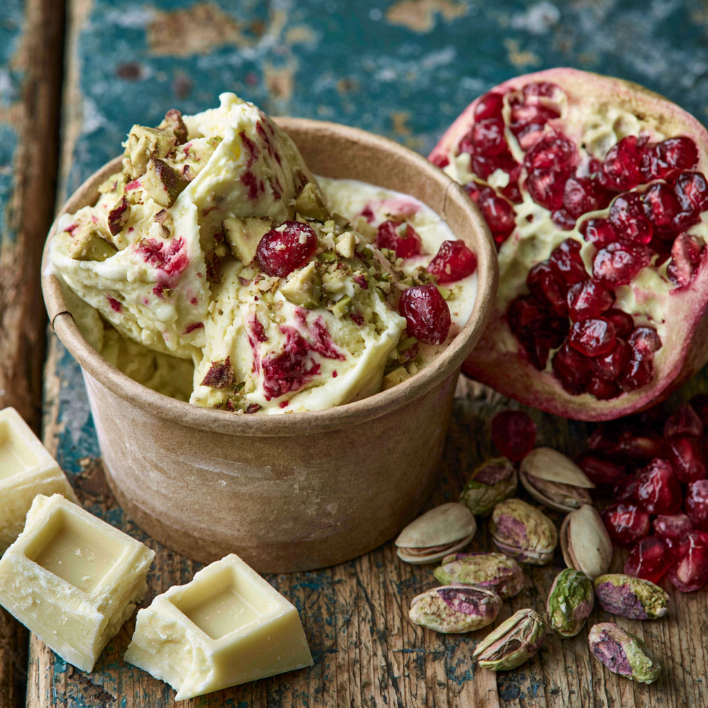 White chocolate, pomegranate and pistachio Ice Cream