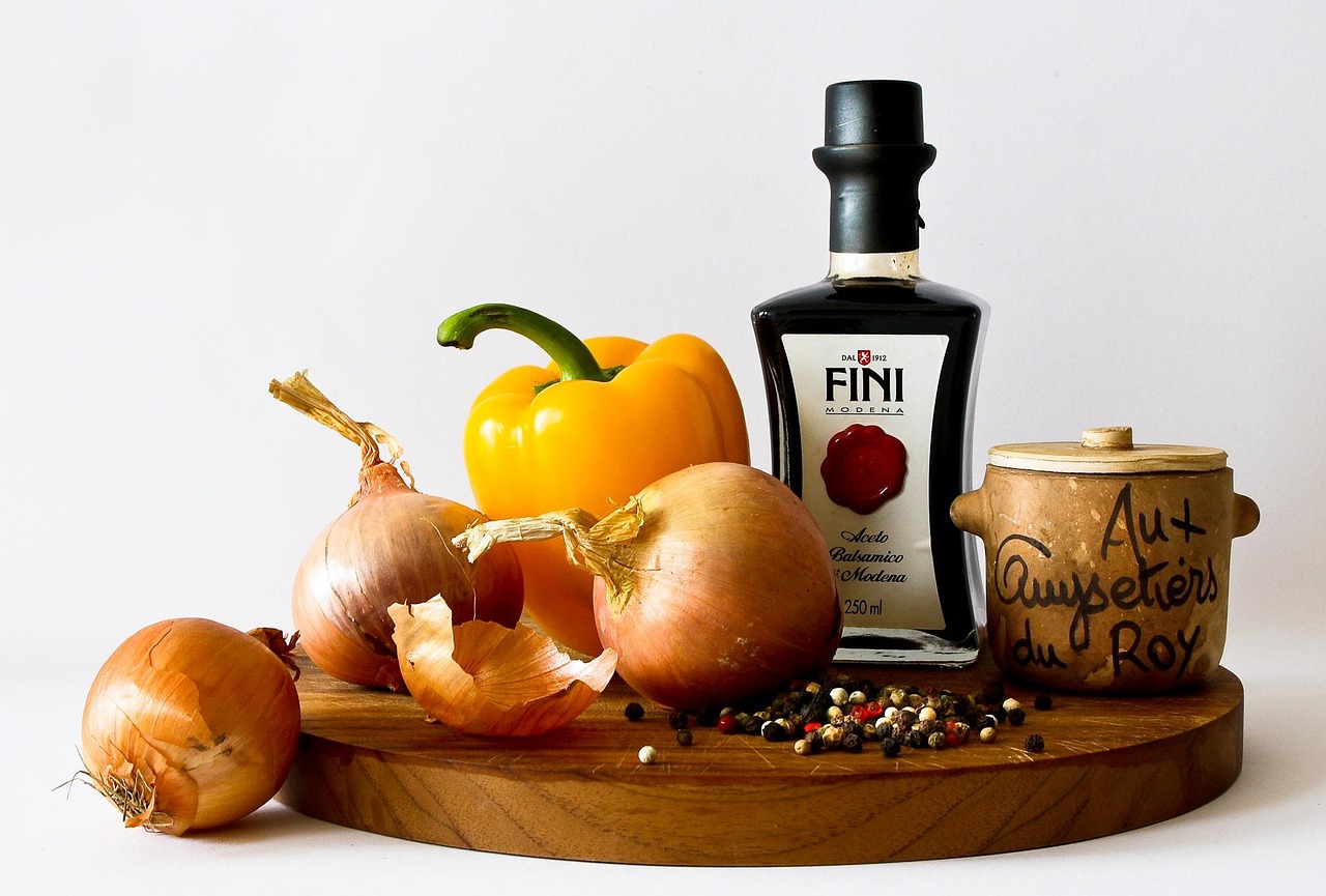 A selection healthy ingredients, pepper, onion, oil