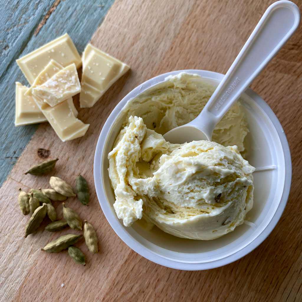 Salted white chocolate and cardamom Ice Cream